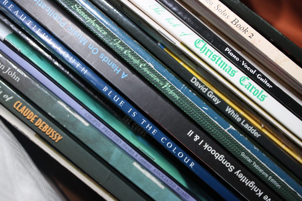 Music books on a shelf